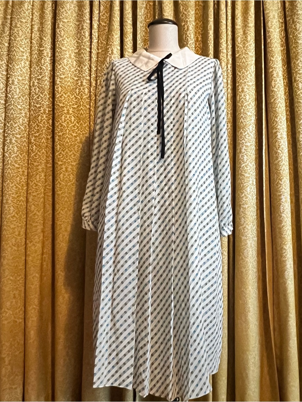 Vintage White Dress with Diagonal Blue Stripes and Black Ribbon